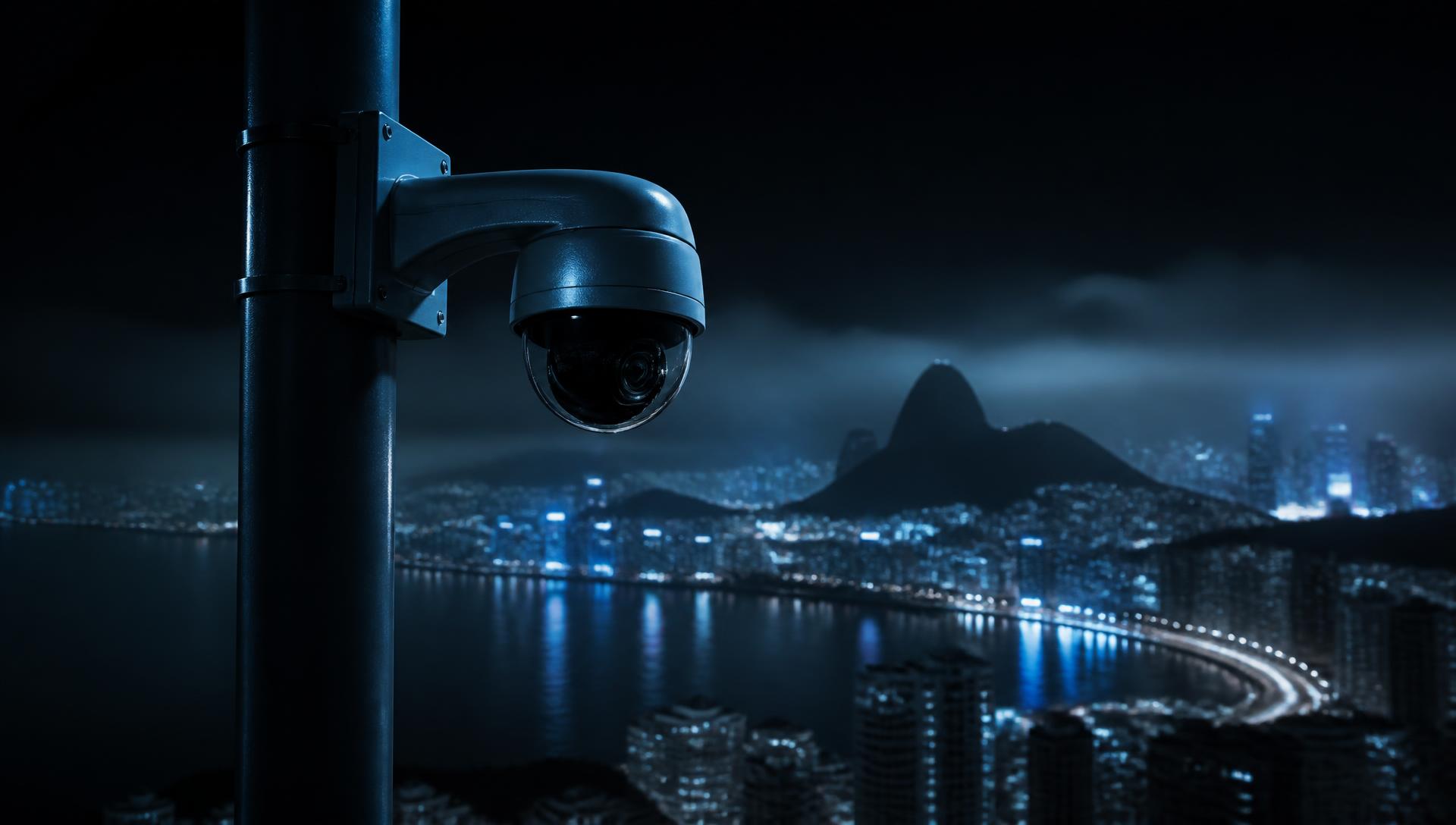 Câmera de segurança instalada em poste com o horizonte urbano ao fundo durante a noite